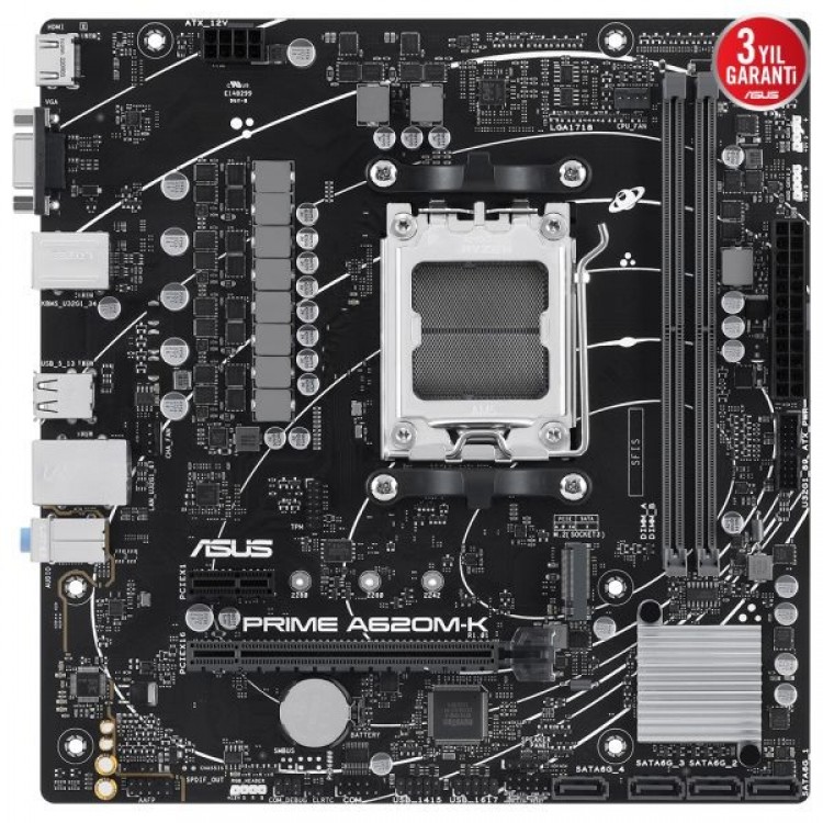 ASUS Prime A620M-K 6400MHz (OC) DDR5 Soket AM5 M.2 HDMI VGA mATX Anakart